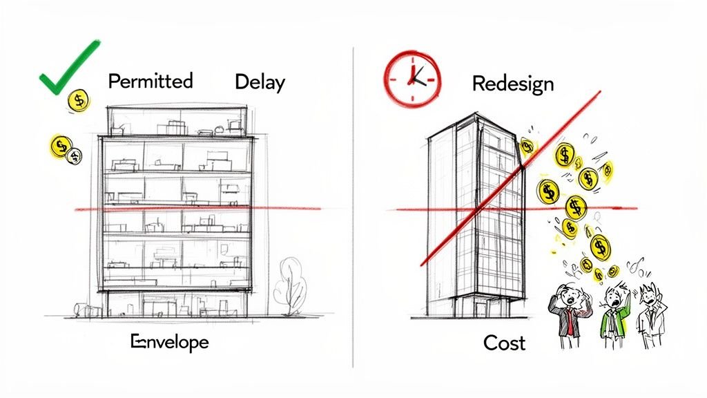 Architectural design comparison: permitted building saving money versus costly redesign and delays.