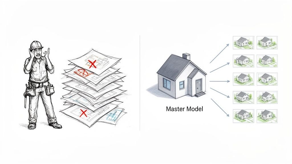 Illustration contrasting a frustrated builder with paper blueprints and an efficient digital master model producing multiple house designs.