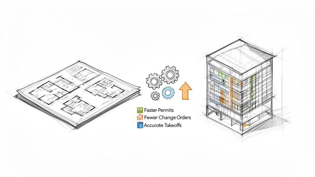 Illustration showing traditional blueprints transforming into a 3D building model through a process for improved construction outcomes.