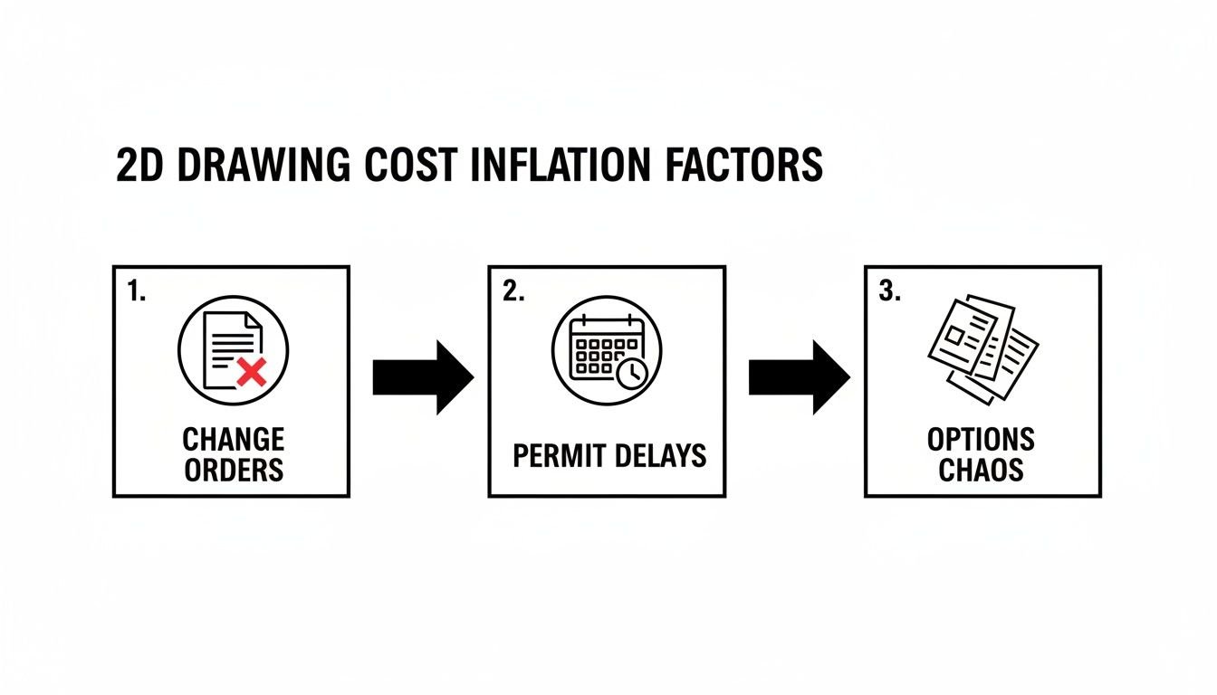 An infographic detailing 2D drawing cost inflation factors, including change orders, permit delays, and options chaos.