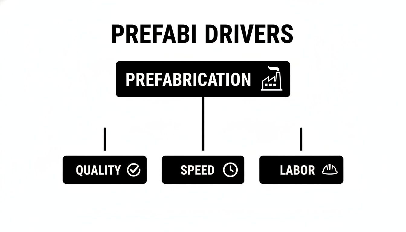A black and white diagram titled 'PREFABI DRIVERS' showing prefabrication linked to quality, speed, and labor.