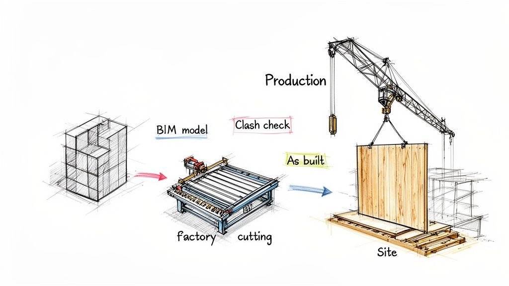 Illustration showing a prefabricated construction workflow from BIM model to factory cutting and on-site assembly.