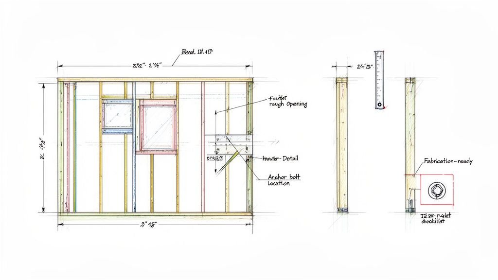 Detailed architectural drawing of a wood frame wall, showing dimensions, window openings, and construction details.