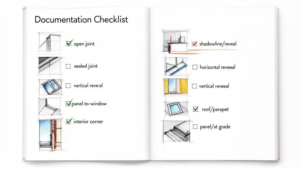 A documentation checklist in a book showing architectural details like joints, reveals, and corners, with some items checked.
