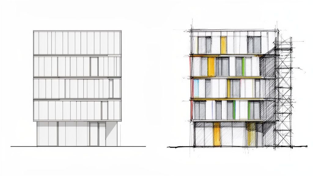 Architectural renderings of a building facade, showing clean design and colorful sketch with scaffolding.