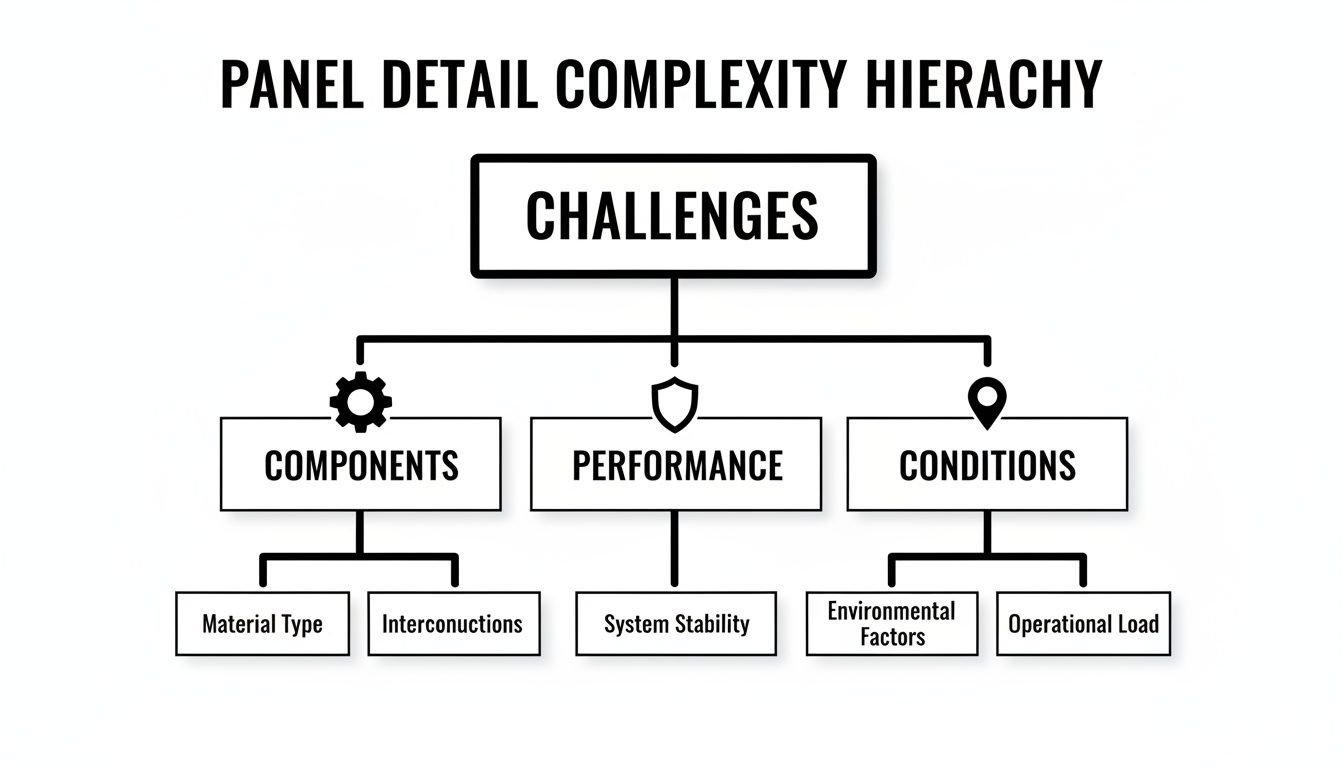 Hierarchy diagram illustrating panel detail complexity challenges: components, performance, and conditions.