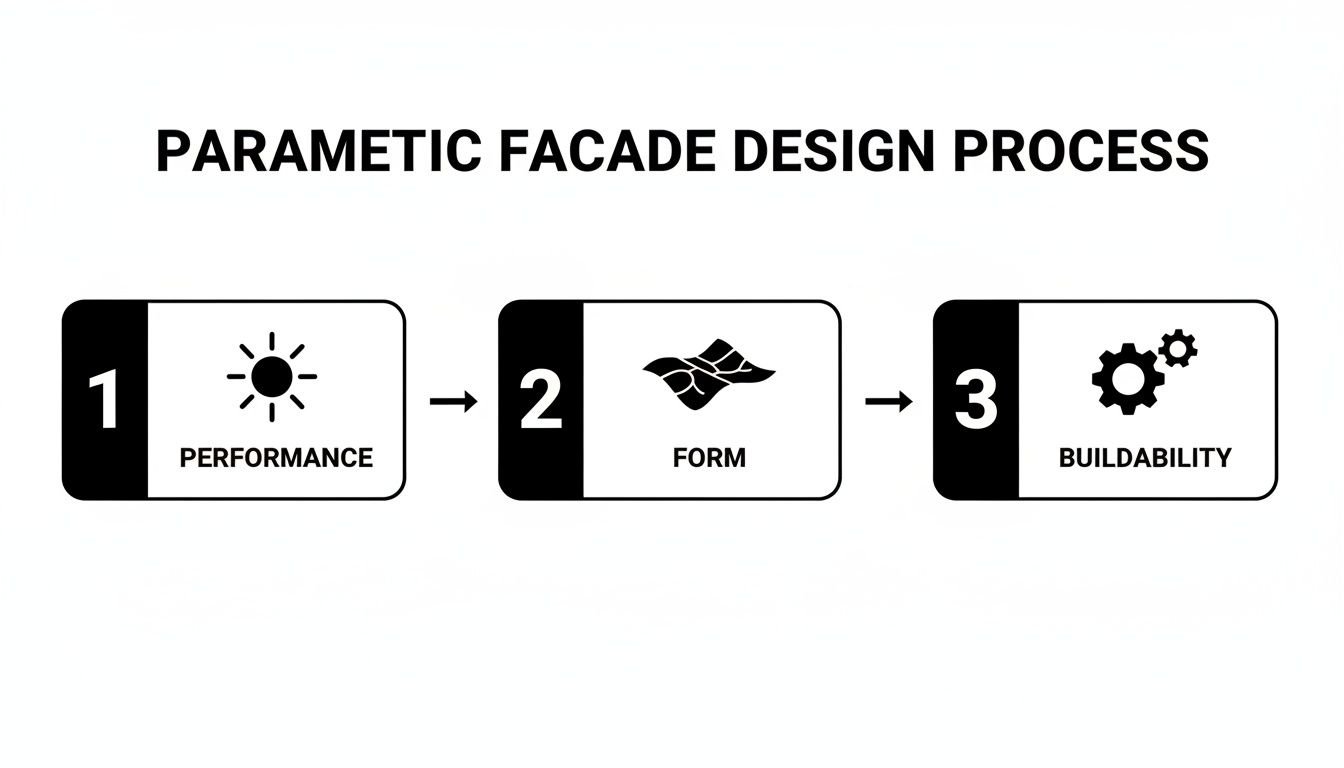 A diagram illustrating the parametric facade design process, detailing steps for performance, form, and buildability.