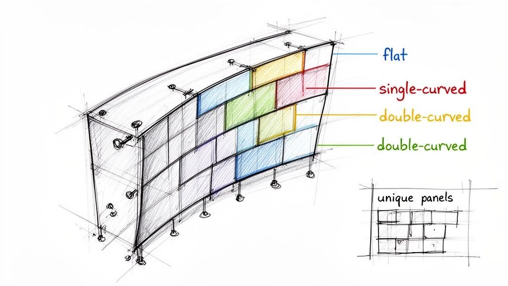 Architectural sketch illustrating different panel types like flat, single-curved, and double-curved in a facade design.