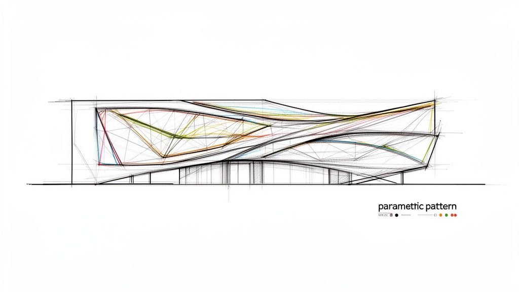 Architectural sketch of a building facade with complex parametric patterns and colorful lines.