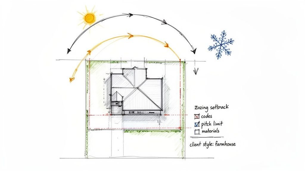 Architectural sketch illustrating a farmhouse house plan with solar paths, zoning setbacks, and design notes.