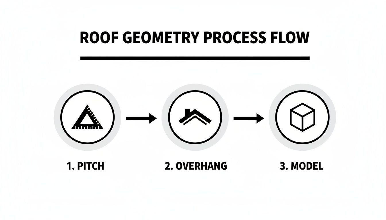 Diagram illustrating the roof geometry design process flow, including pitch, overhang, and 3D modeling steps.
