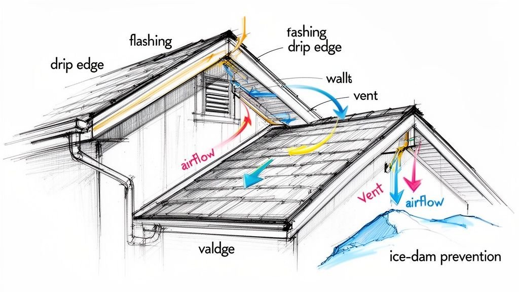 Detailed sketch showing gable roof ventilation, flashing, drip edge, airflow, and ice-dam prevention.