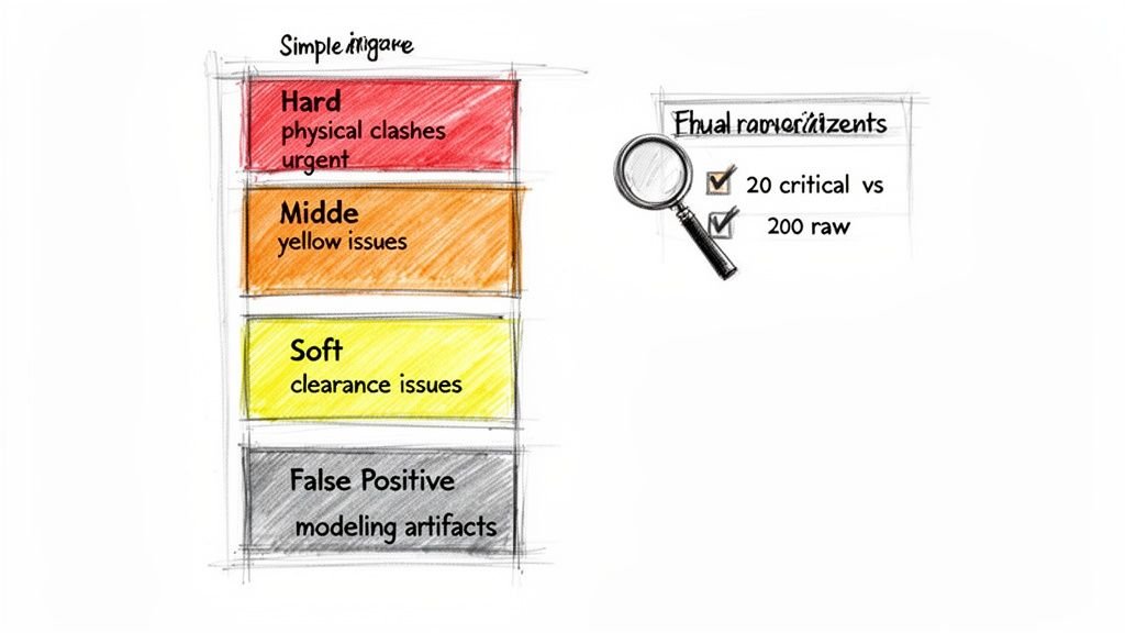 A hand-drawn diagram classifying design issues into hard, middle, soft, and false positives, with a summary of 20 critical versus 200 raw issues.