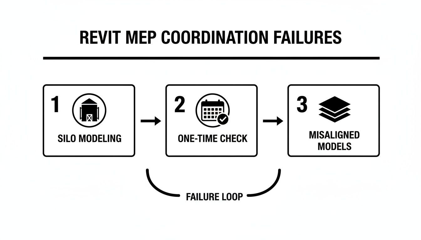Flowchart illustrating Revit MEP coordination failures: silo modeling, one-time check, misaligned models, and a failure loop.
