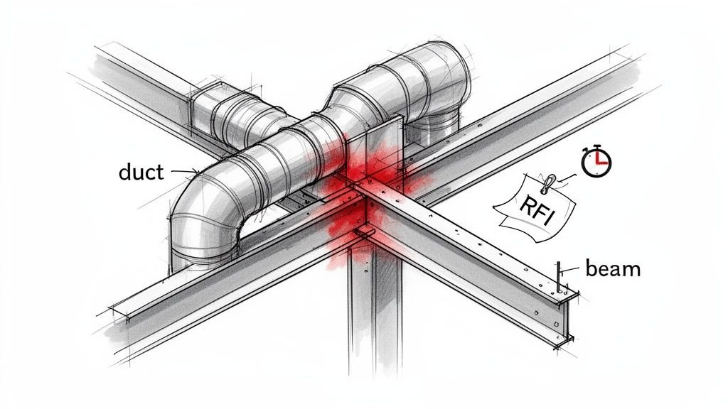 Architectural sketch of HVAC ductwork conflicting with structural beams, highlighted in red, with an RFI tag.