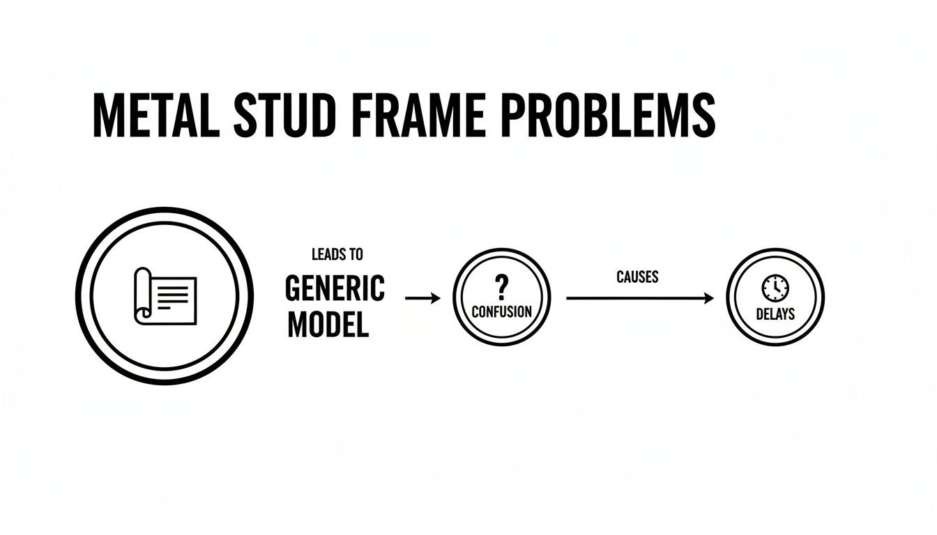 Flowchart illustrating metal stud frame problems: generic models lead to confusion, which causes project delays.