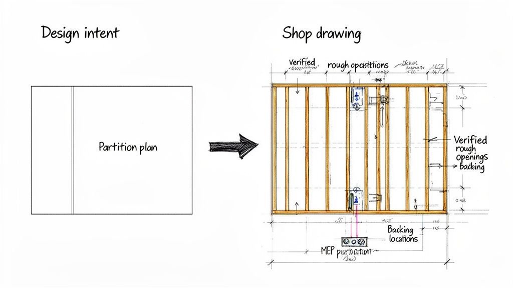 Diagram showing a simple design intent partition plan transforming into a detailed shop drawing for construction.