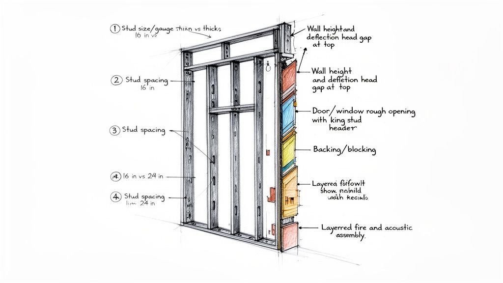 Detailed technical drawing of a metal stud frame wall showing construction components and layering.