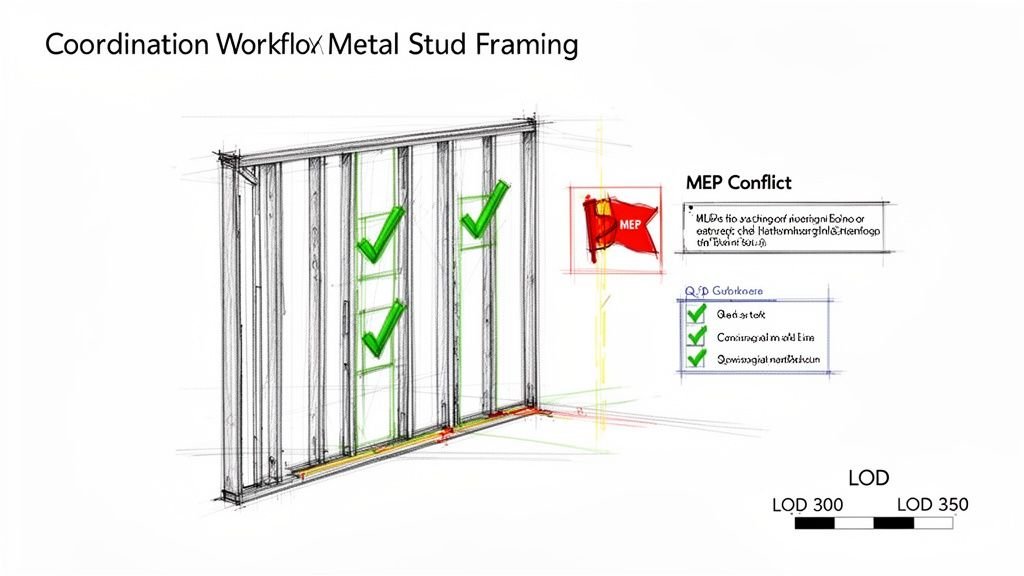A schematic sketch illustrating a metal stud wall framing coordination workflow, highlighting approved sections and MEP conflicts.