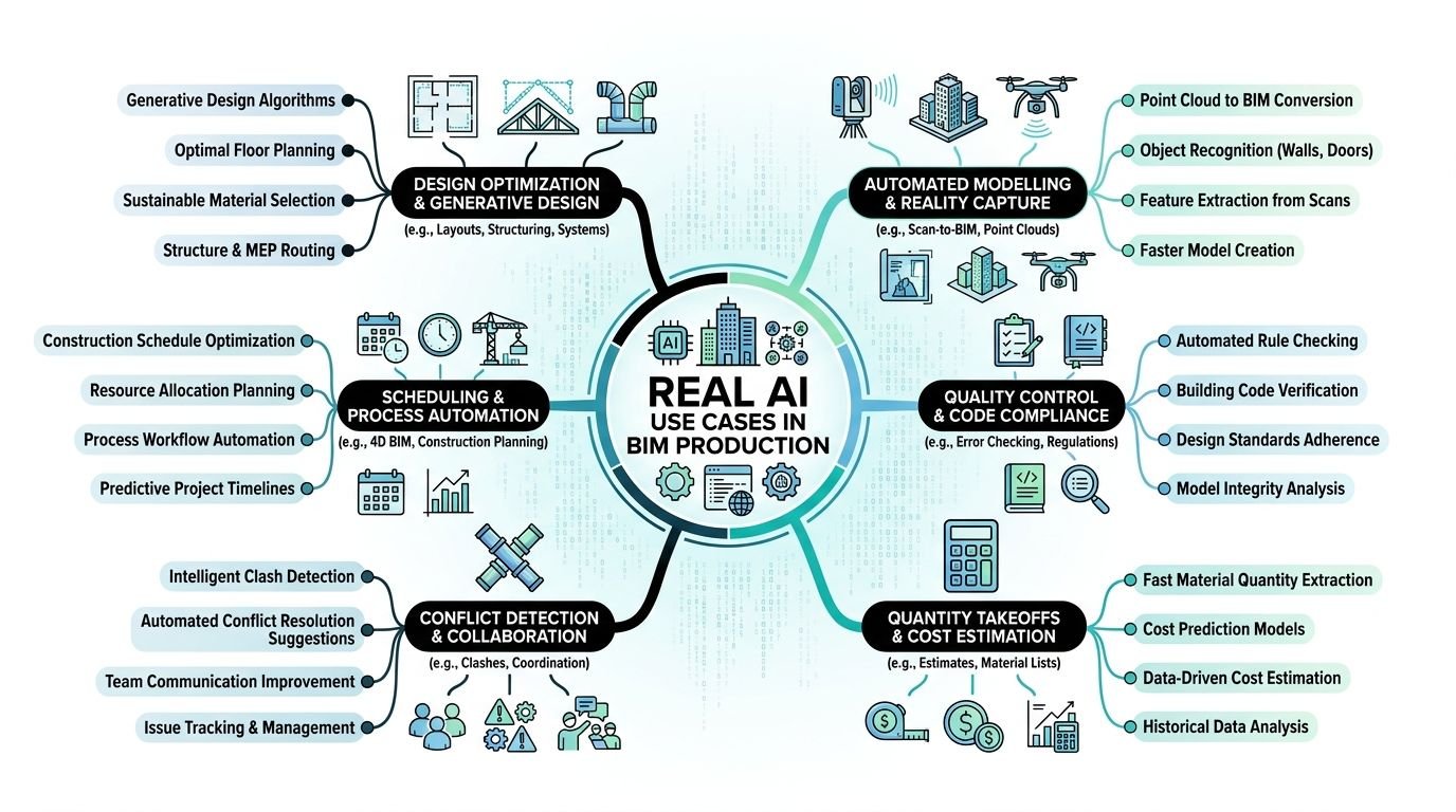 A diagram illustrating various real AI use cases for BIM production in architecture, engineering, and construction.