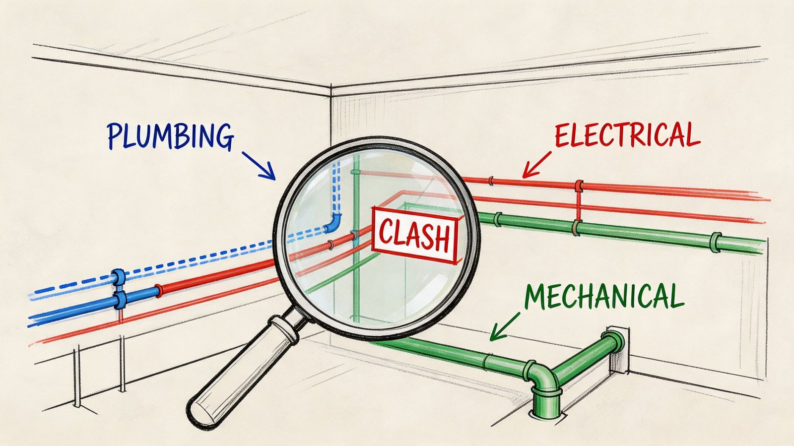 A magnifying glass focusing on a construction site clash between plumbing, electrical, and mechanical building systems.