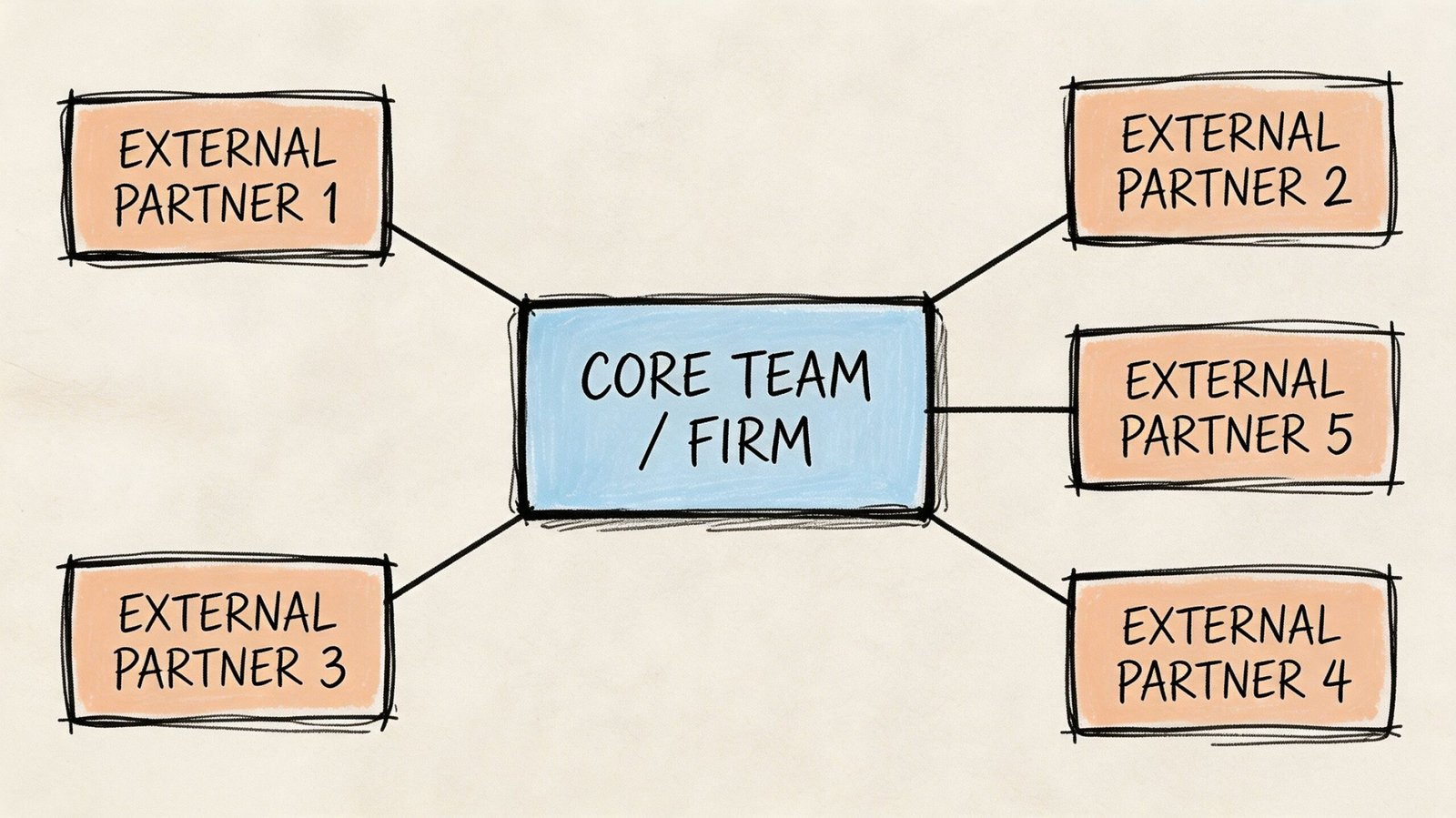 A diagram showing a central Core Team or Firm connected to five different external partners.