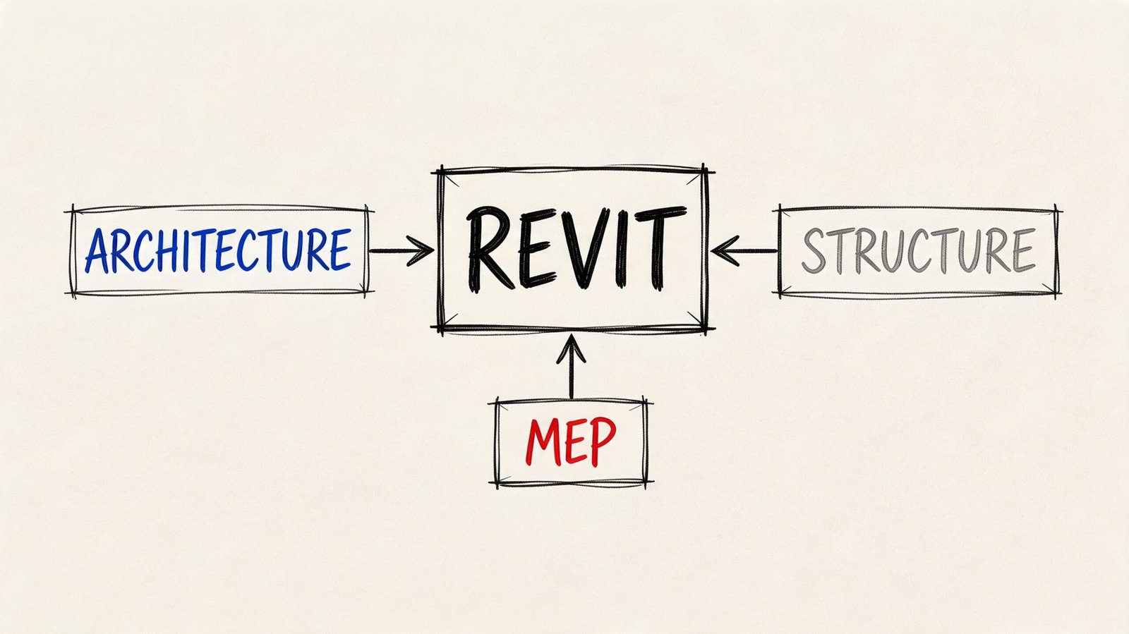 A diagram illustrating how architecture, structure, and MEP engineering disciplines integrate into the Revit software platform.