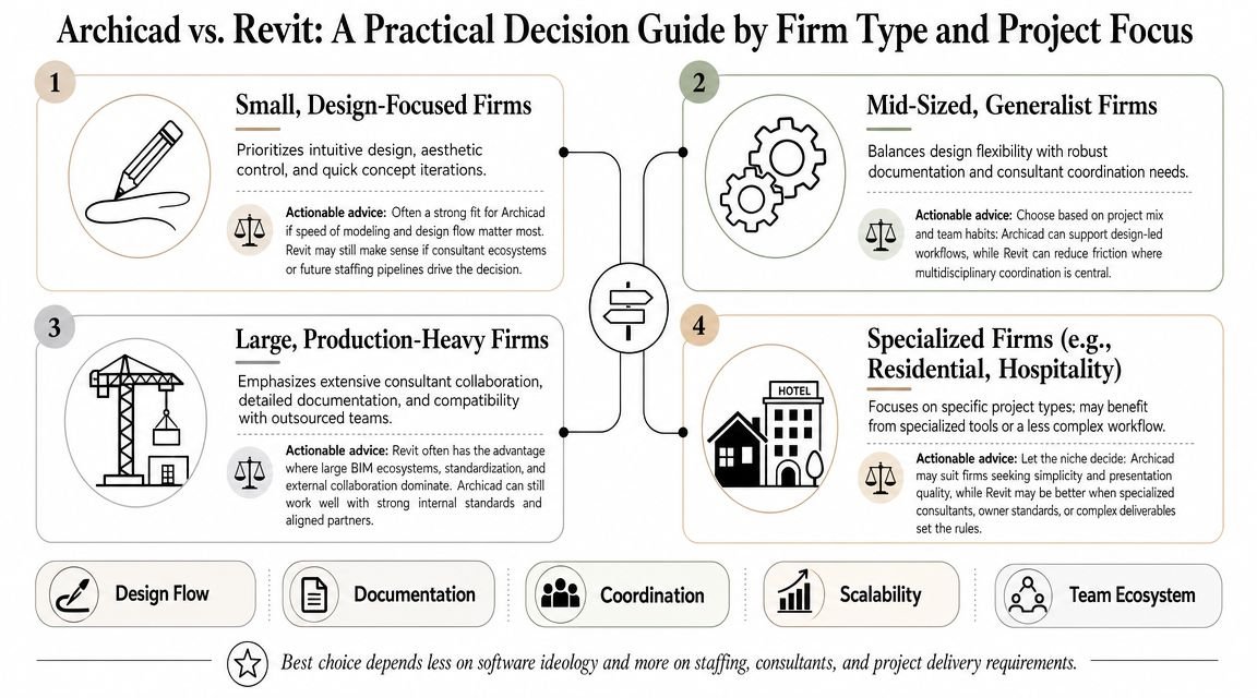 A decision guide infographic comparing Archicad and Revit software for different types of architectural firms.