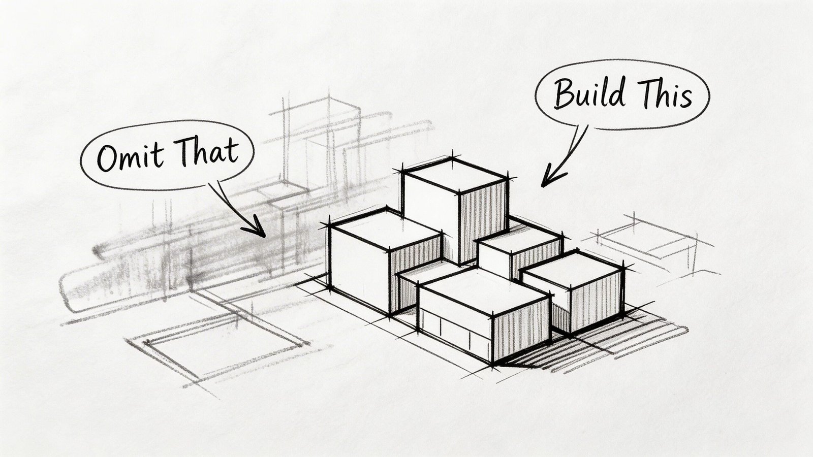A pencil sketch of architectural blocks showing building volumes to keep and structures to remove.