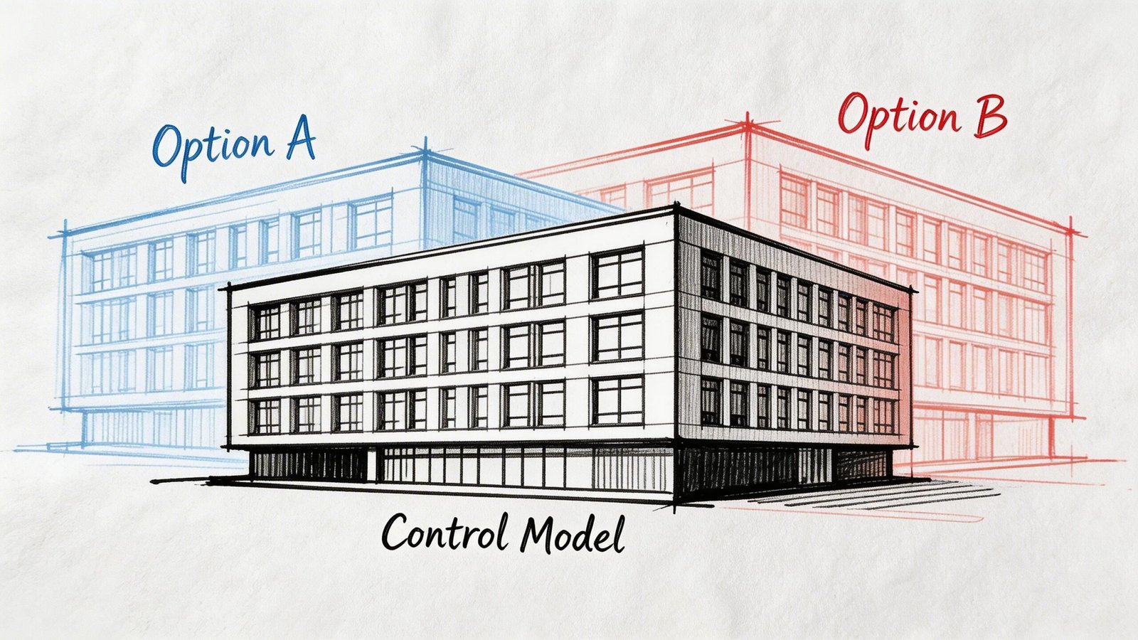 A conceptual sketch illustrating building design with three distinct options labeled Option A, Option B, and Control Model.