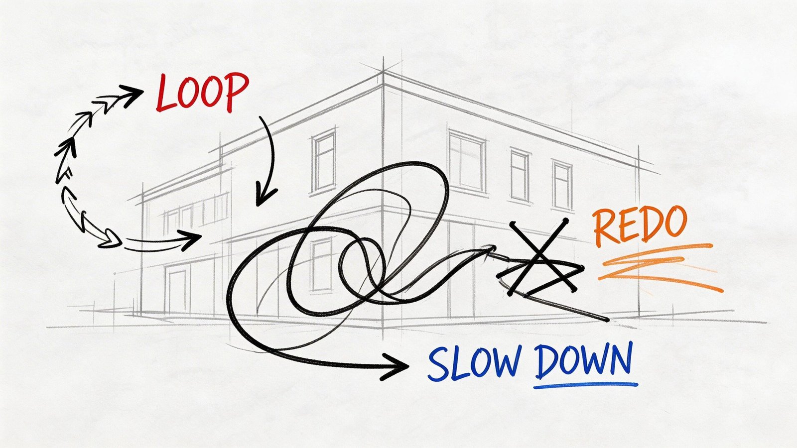 A conceptual sketch illustrating architectural space planning with hand-drawn labels for loop, redo, and slow down.