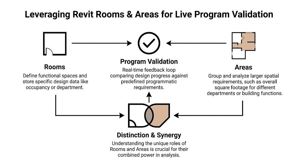 A diagram illustrating how Revit rooms and areas are used for live architectural program validation and analysis.