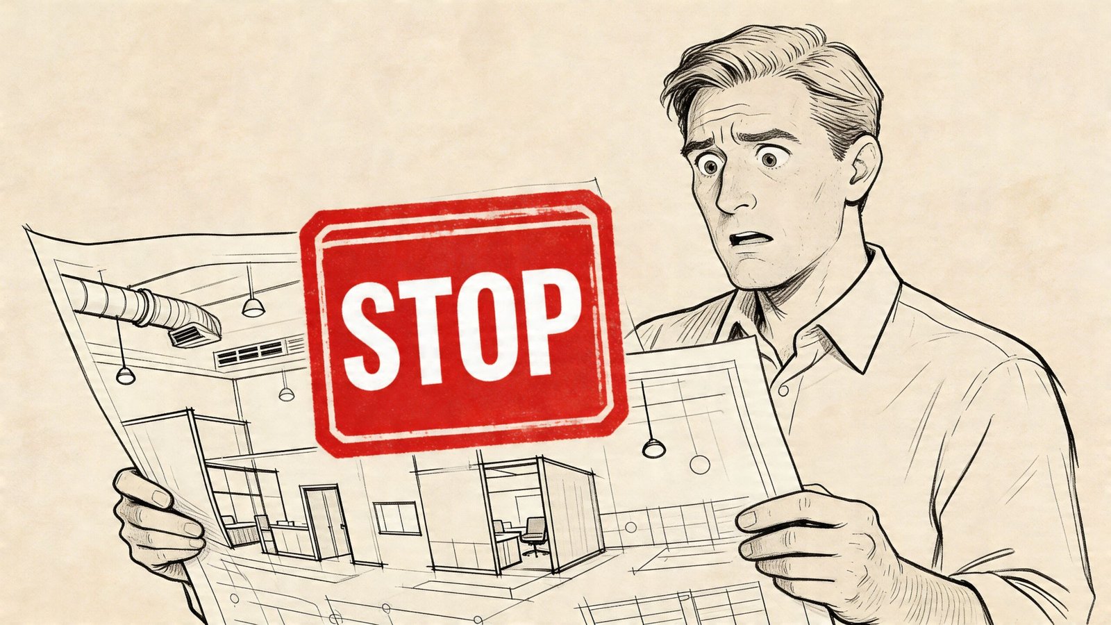 A concerned professional looking at architectural blueprints with a large red stop sign overlaid on them.