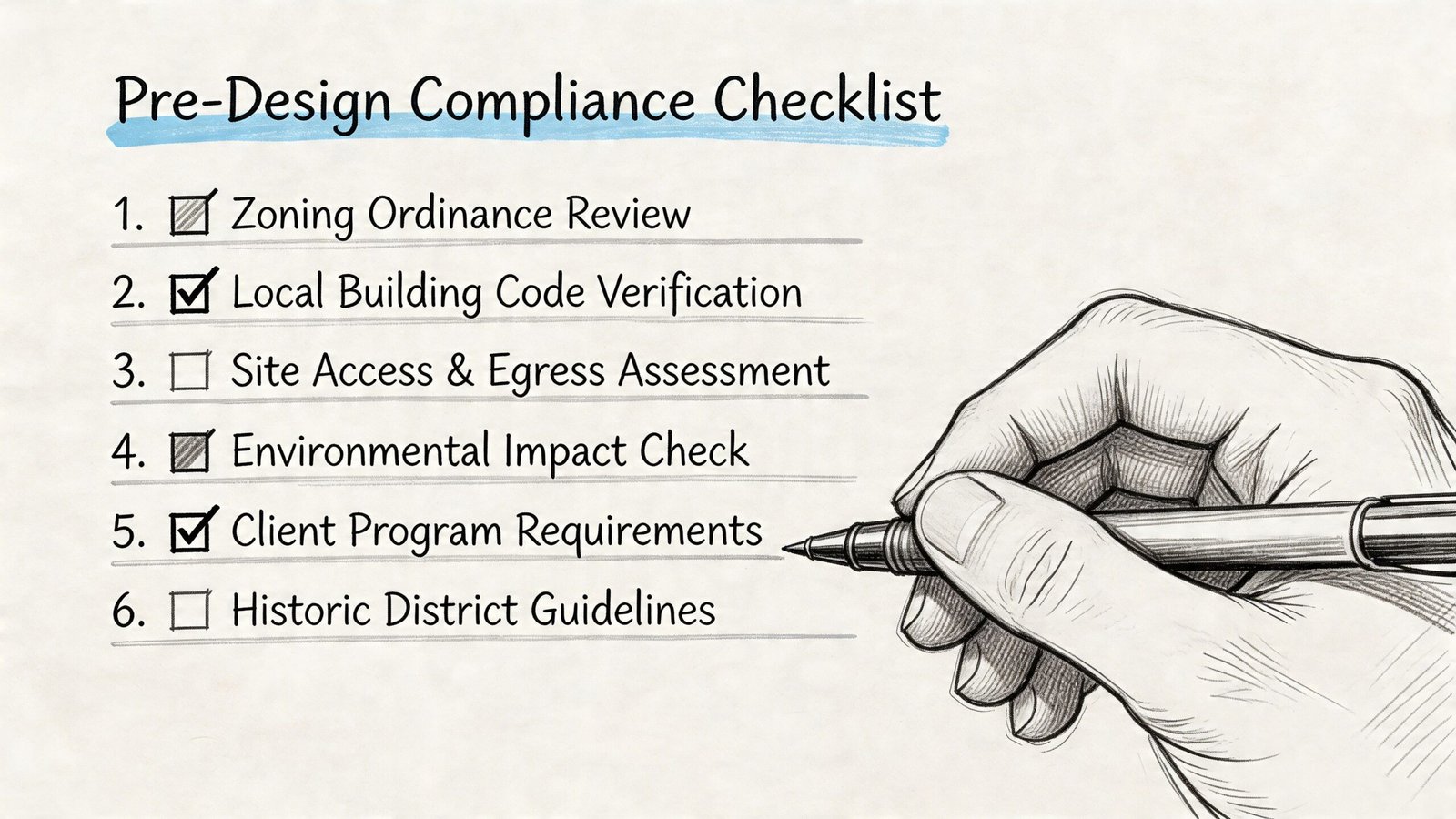 A hand holding a pen marking off items on a Pre-Design Compliance Checklist on paper.