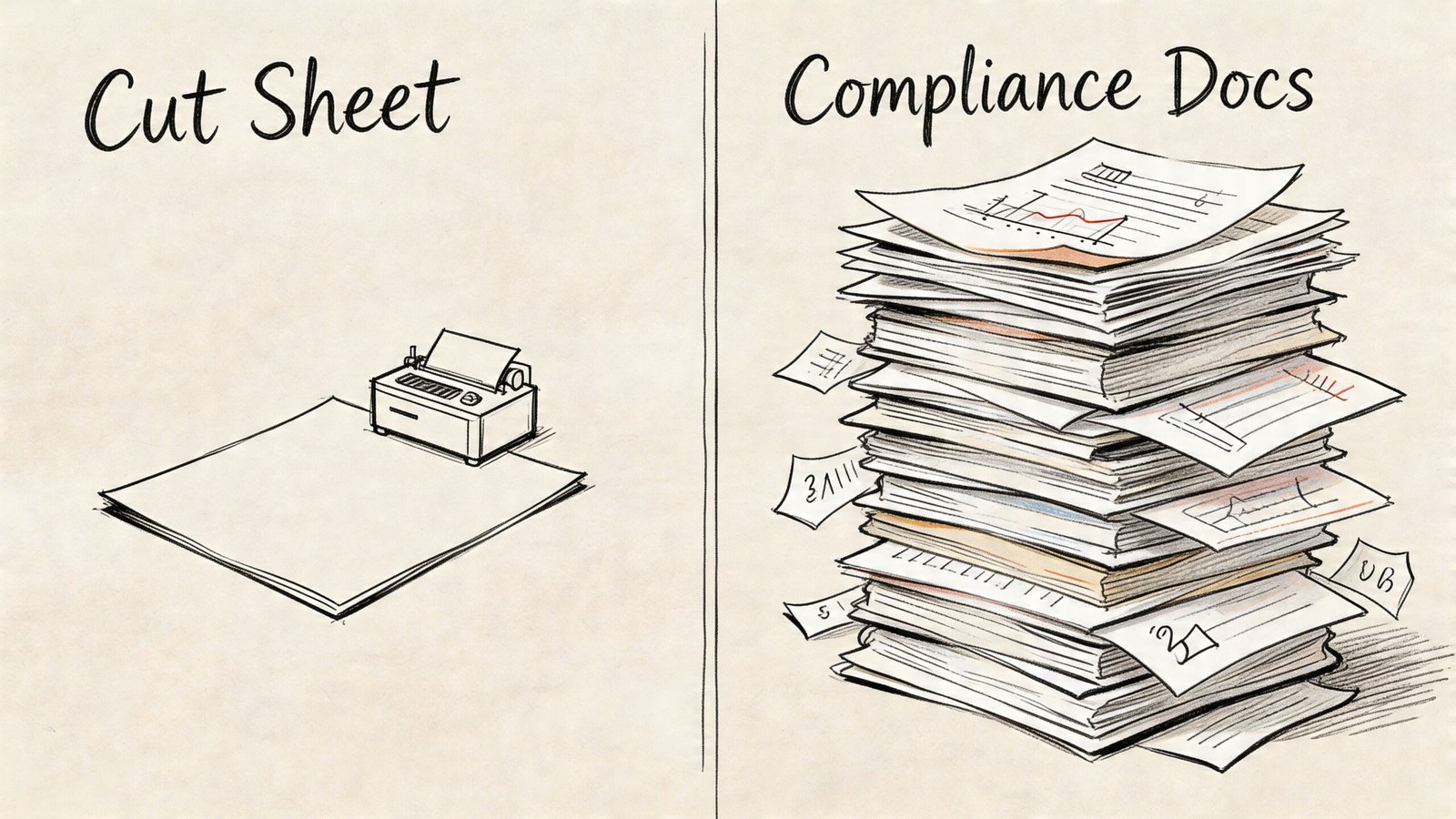 A conceptual drawing comparing a single, simple cut sheet document to a massive stack of compliance documents.