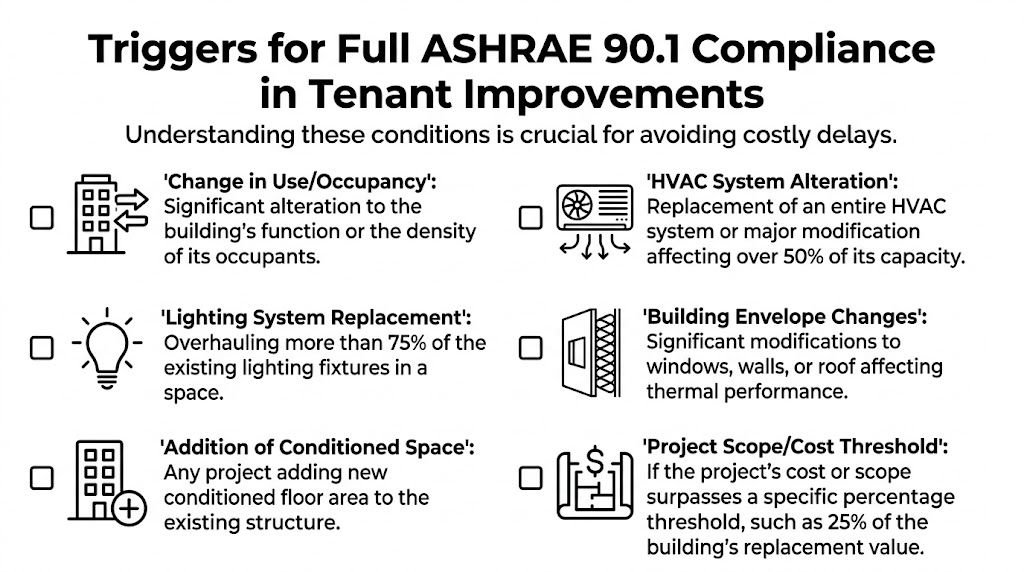 A diagram listing six specific triggers that require full ASHRAE 90.1 compliance for commercial tenant improvement projects.