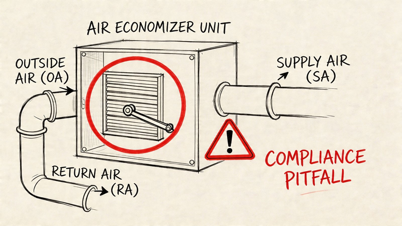 A conceptual diagram of an air economizer unit highlighting a compliance pitfall with return air ducting.