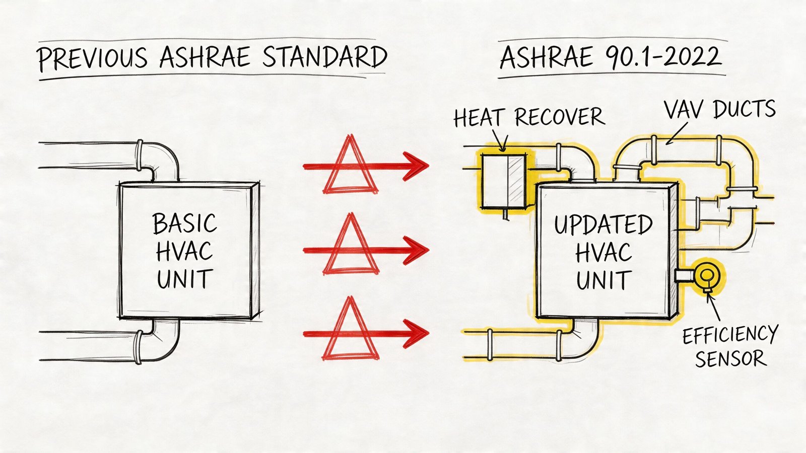 A diagram comparing a basic HVAC unit from a previous standard with an updated HVAC unit from ASHRAE 90.1-2022.