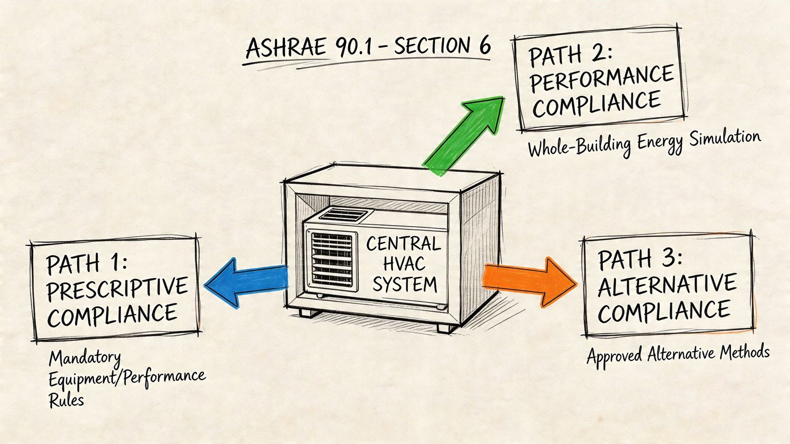 A diagram illustrating the three compliance paths for ASHRAE 90.1 Section 6 regarding central HVAC systems.