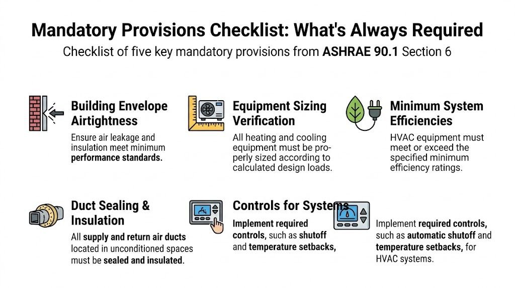 A checklist infographic outlining five mandatory HVAC efficiency provisions from the ASHRAE 90.1 building standards.