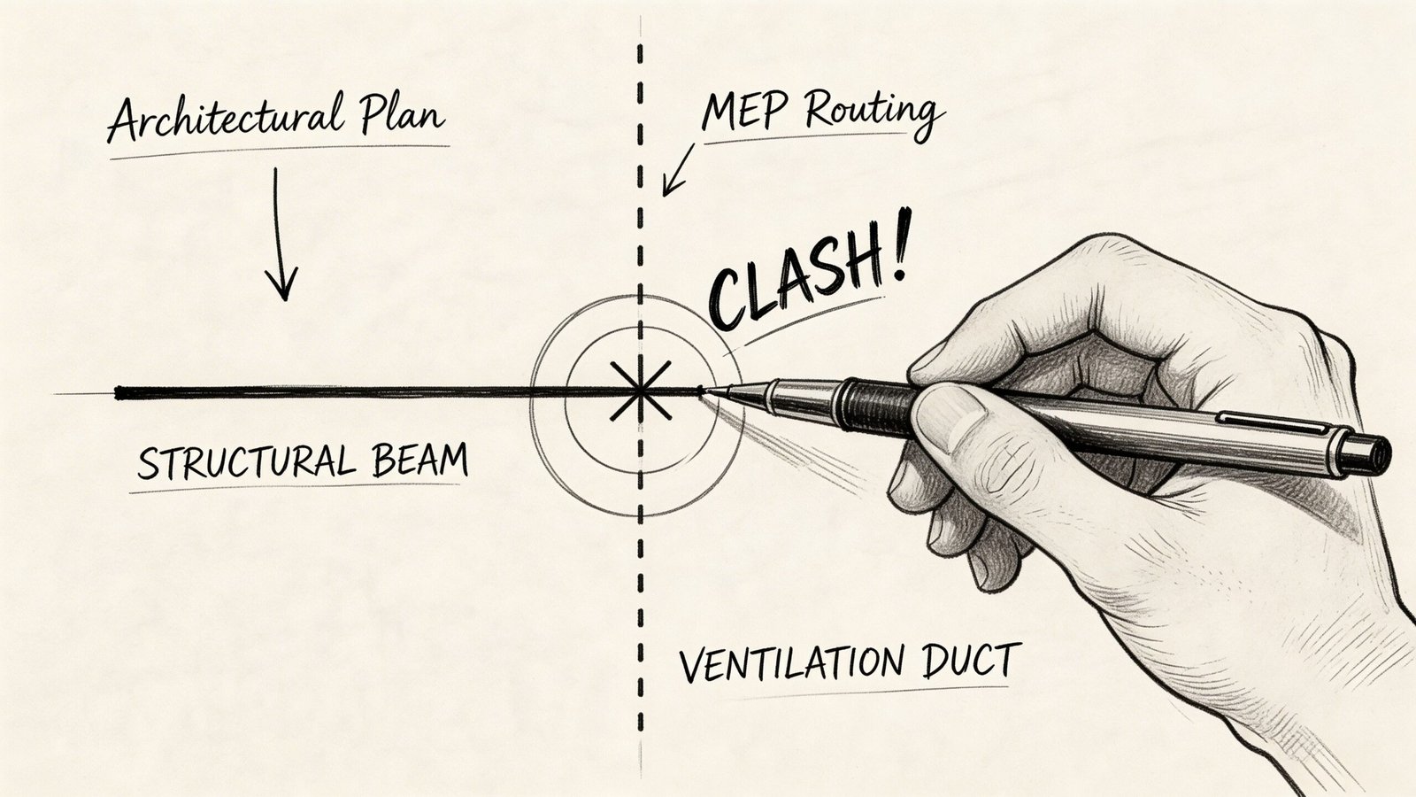 A hand drawing a diagram illustrating a structural clash between a building beam and ventilation duct.