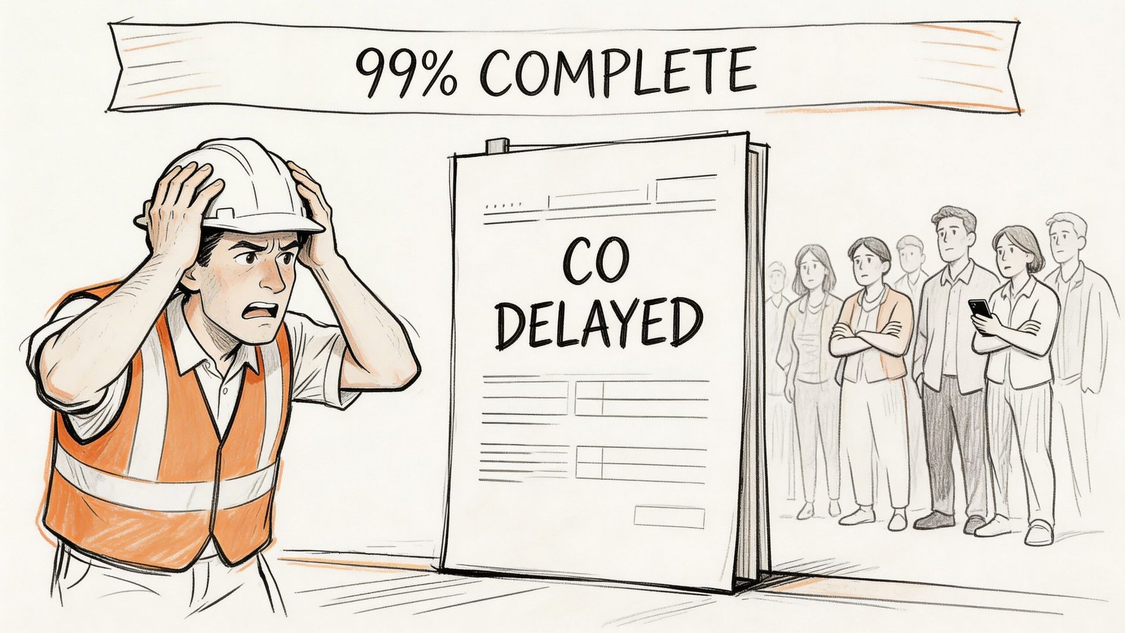 A distressed construction worker stands before a giant document labeled CO DELAYED, indicating building occupancy issues.