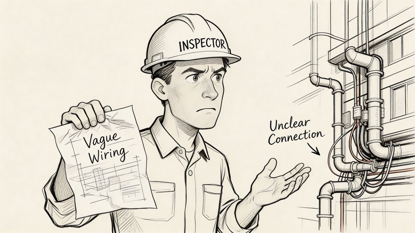 An inspector in a hard hat gestures toward confusing building electrical wiring with a document titled Vague Wiring.