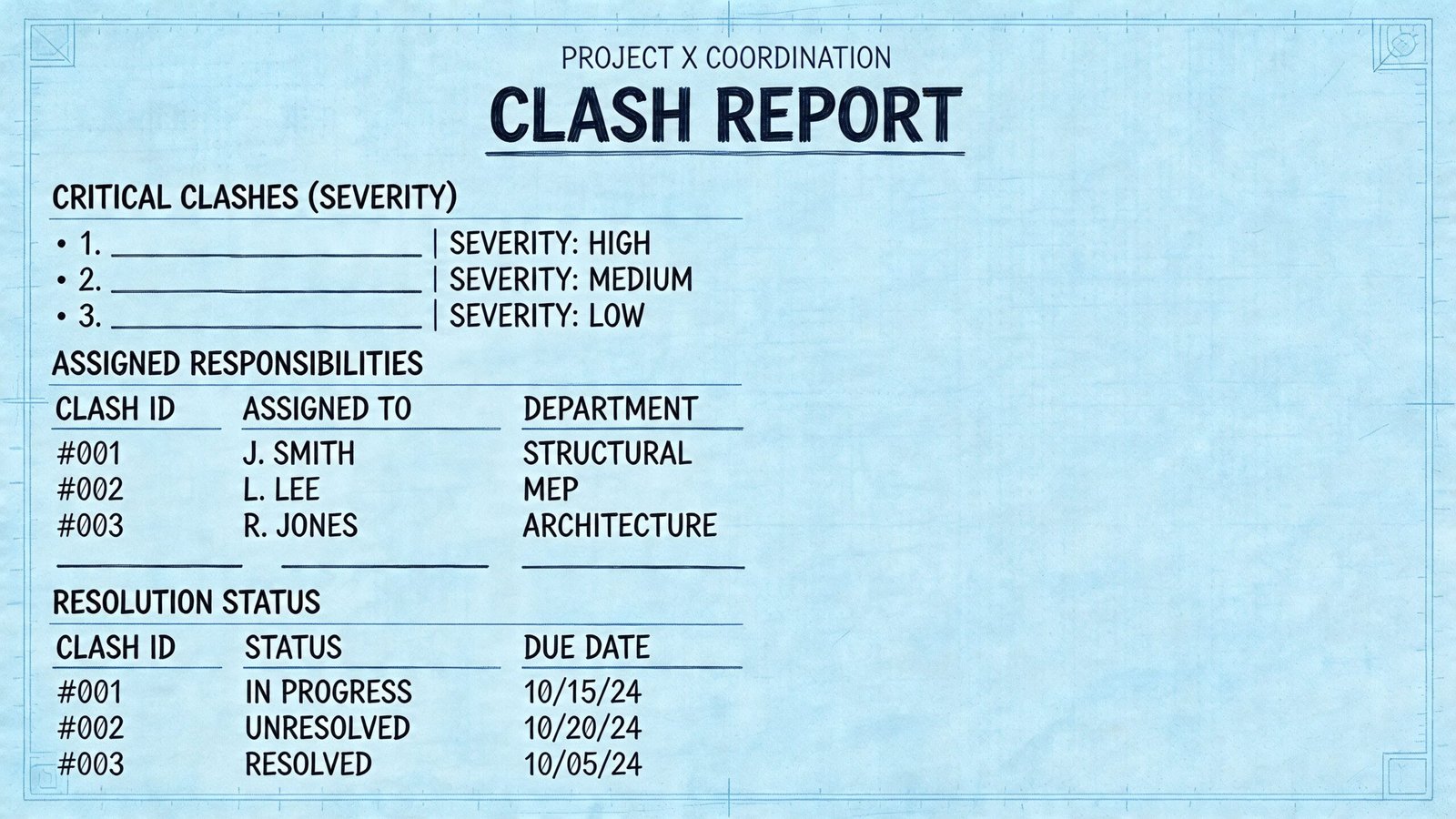 A formal Project X Coordination clash report blueprint displaying severity levels, assigned responsibilities, and resolution statuses.