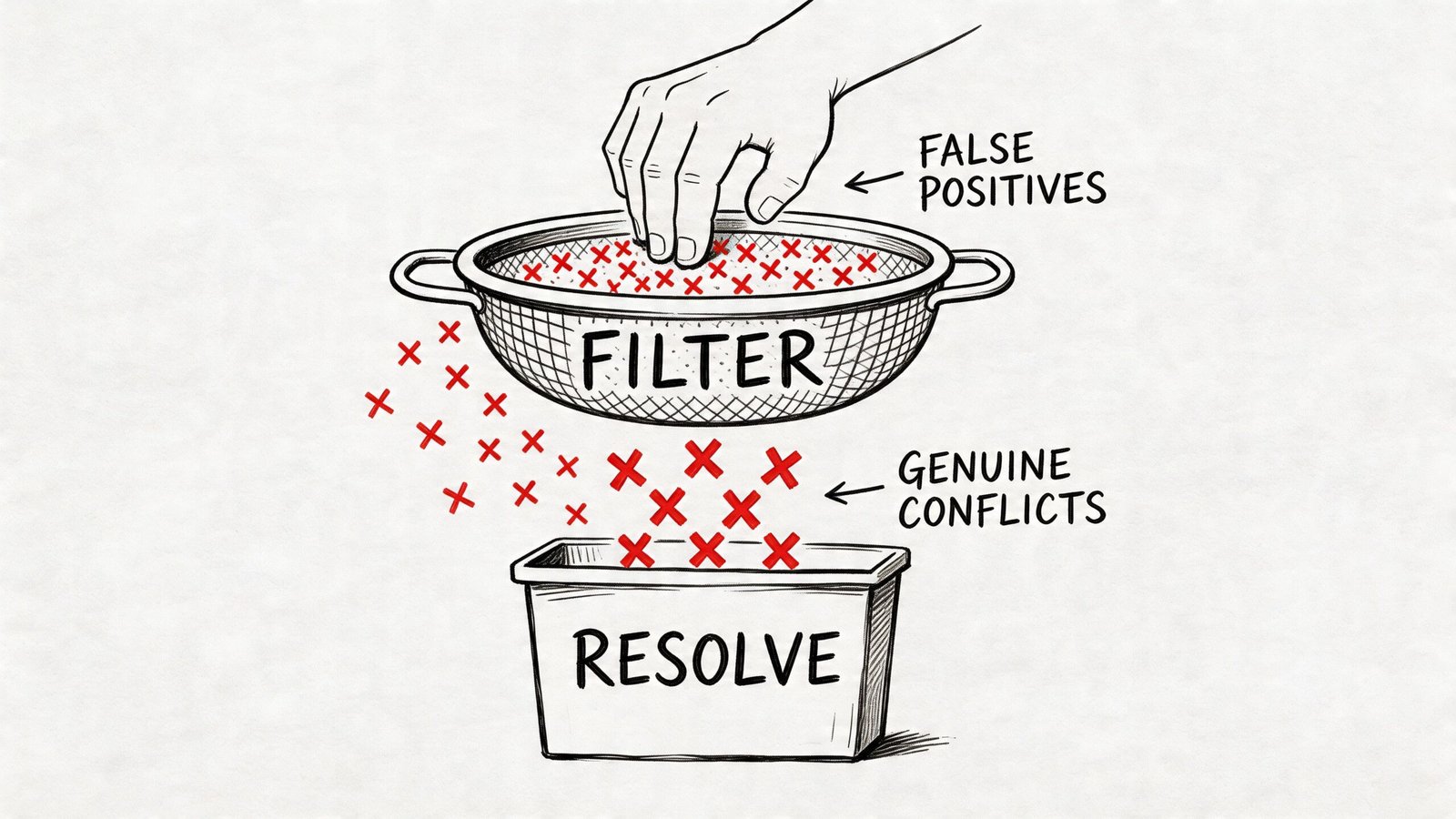 A diagram showing a hand filtering red crosses through a strainer, separating false positives from genuine conflicts.