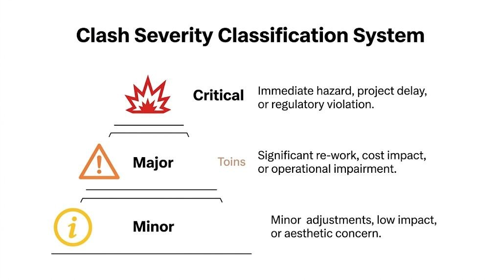 A hierarchical pyramid chart outlining the Clash Severity Classification System with critical, major, and minor impact categories.