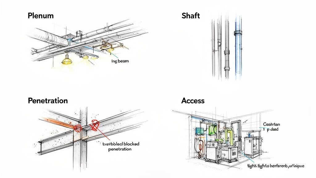Architectural sketches illustrating building systems: plenum, shaft, penetration, and access.