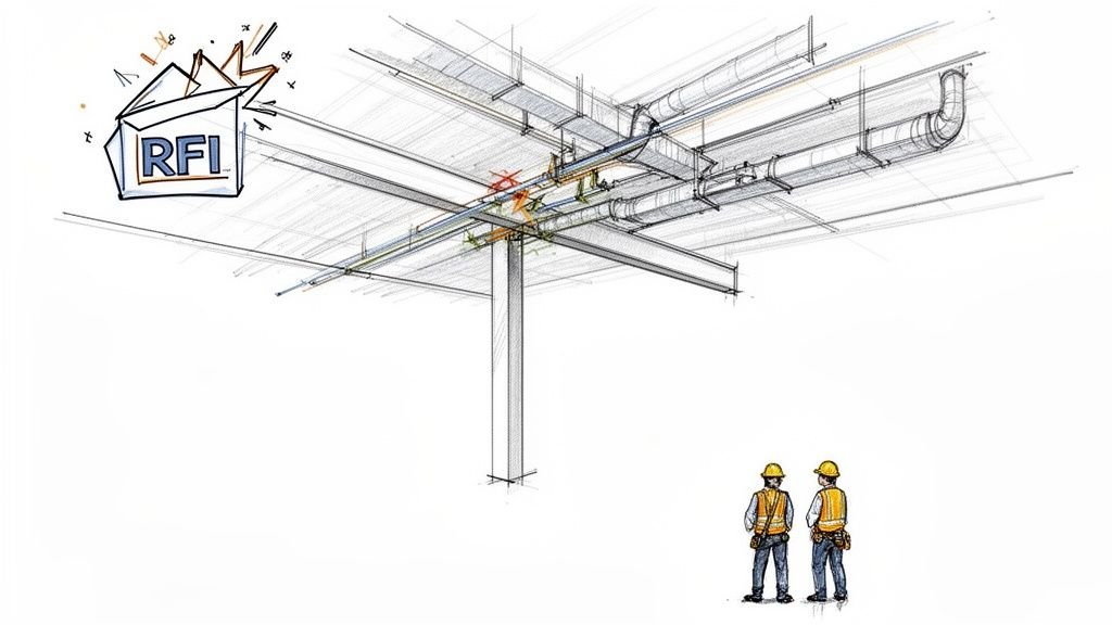Sketch illustrating construction coordination issues with HVAC ducts and structural elements, observed by two workers.