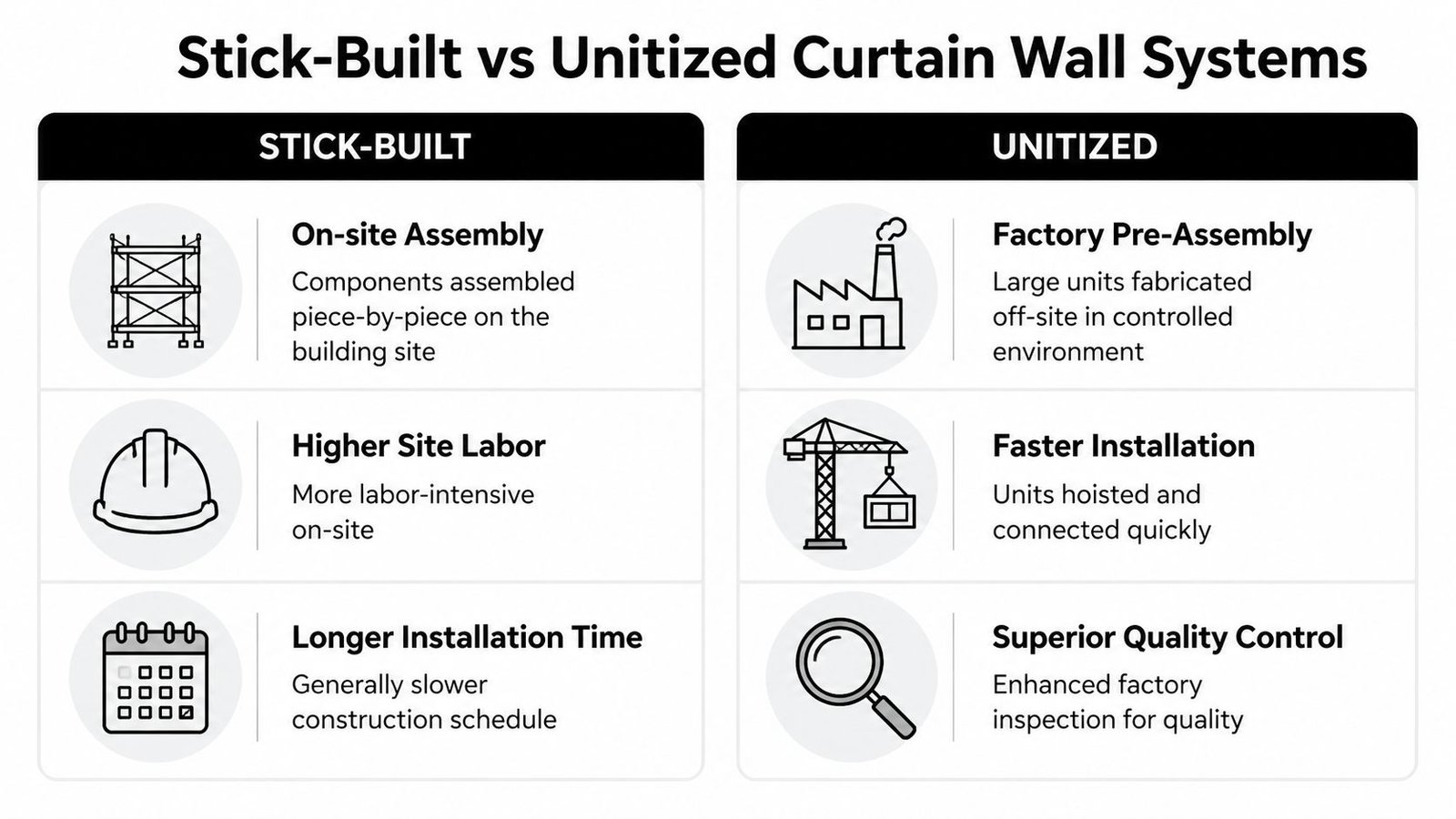 A comparison chart outlining the key differences between stick-built and unitized curtain wall construction systems.
