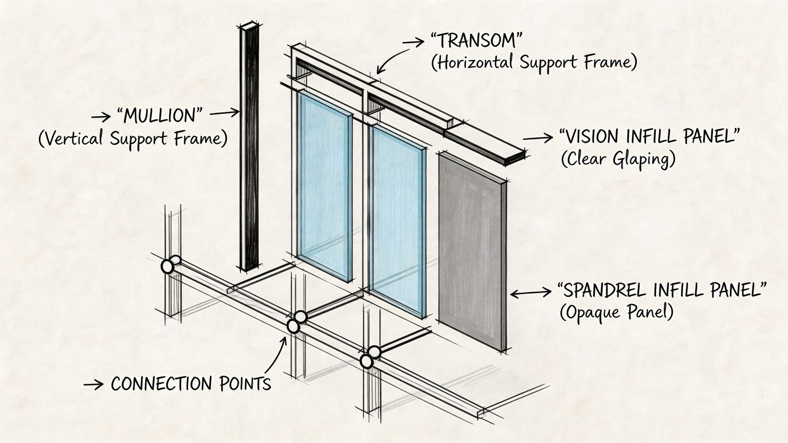 A detailed technical sketch labeling components of a curtain wall construction system including mullions, transoms, and panels.